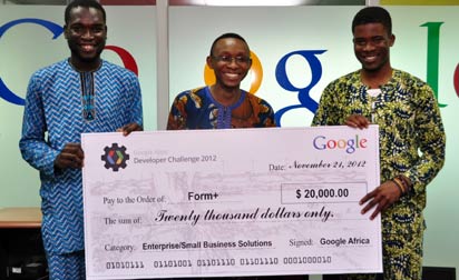 *L-R: Bolutife Ogunsola, Willie Aniebiet, and Michael Adeyeri ; winners of the $20,000 prize in the Google Apps Developer Challenge for their application called Form+
